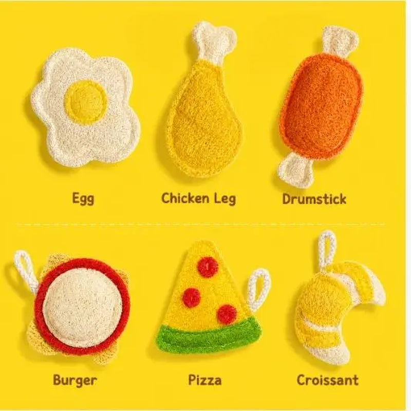 3-Pack Natural Loofah Food-Shape Pet Chew Toys (Chicken Leg, Drumstick, Egg) - Catnip & Silvervine, Antibacterial Molar Teeth Clean, Anxiety Relief, Chew Scratcher, Non-Toxic Biodegradable for Cats, Kittens & Dogs