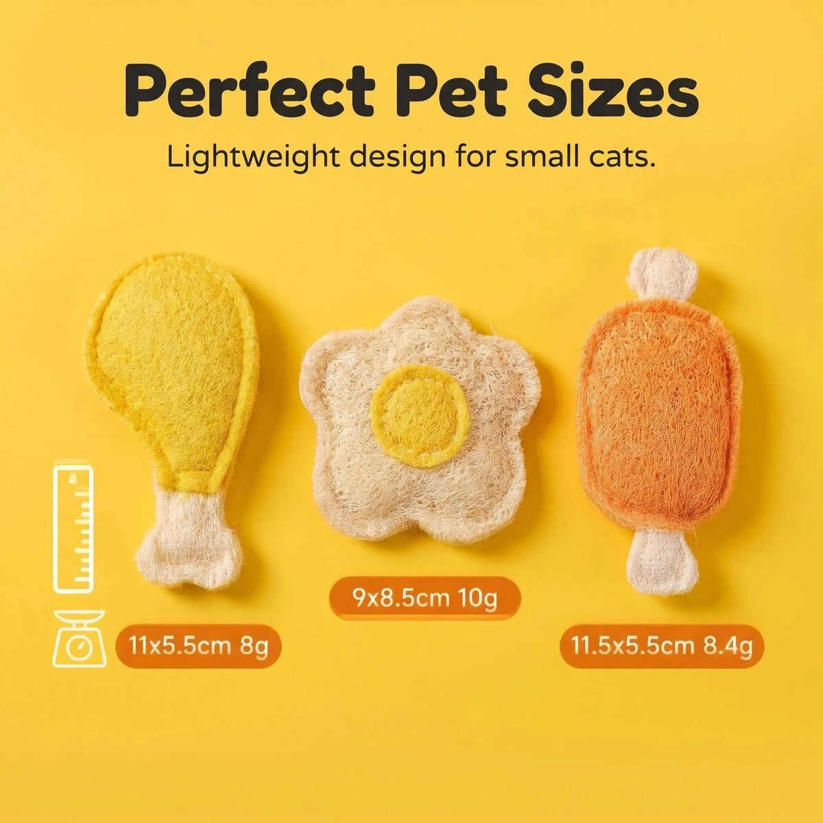 3-Pack Natural Loofah Food-Shape Pet Chew Toys (Chicken Leg, Drumstick, Egg) - Catnip & Silvervine, Antibacterial Molar Teeth Clean, Anxiety Relief, Chew Scratcher, Non-Toxic Biodegradable for Cats, Kittens & Dogs