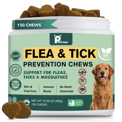 Petrivium Dog Flea & Tick Support Soft Chews - 150Ct Natural Pesticide-Free Vitamin Supplement with Rosemary Repel, Chicken Flavor, Suitable for Puppies & All Breeds/Sizes