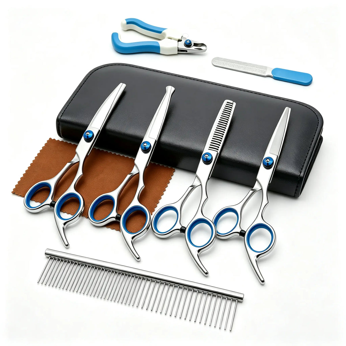 Right-Handed 9-In-1 Professional Dog & Cat Grooming Scissors Kit - Precise Cut, Rounded Tips, Ergonomic Curved/Straight Thinning Shears, Hair & Nail Clipper, File, Steel Comb, Storage Case for Small/Medium Pets, Beginners Home DIY Grooming, Hair Nails