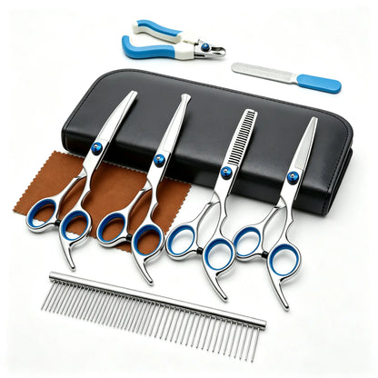 Right-Handed 9-In-1 Professional Dog & Cat Grooming Scissors Kit - Precise Cut, Rounded Tips, Ergonomic Curved/Straight Thinning Shears, Hair & Nail Clipper, File, Steel Comb, Storage Case for Small/Medium Pets, Beginners Home DIY Grooming, Hair Nails
