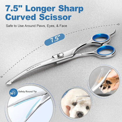Right-Handed 9-In-1 Professional Dog & Cat Grooming Scissors Kit - Precise Cut, Rounded Tips, Ergonomic Curved/Straight Thinning Shears, Hair & Nail Clipper, File, Steel Comb, Storage Case for Small/Medium Pets, Beginners Home DIY Grooming, Hair Nails