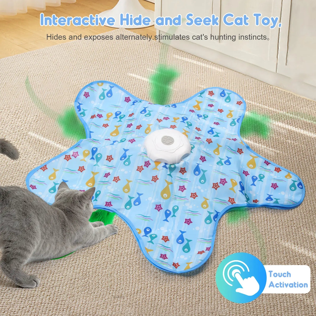 Interactive Unpredicatable Moving Feather Hunting Cat Toy , Hide and Seek Rechargeable Cat Toy for Bored Cat,Automatic Chargeable，Indoor Exercise & Boredom Relief for All Breeds Cats