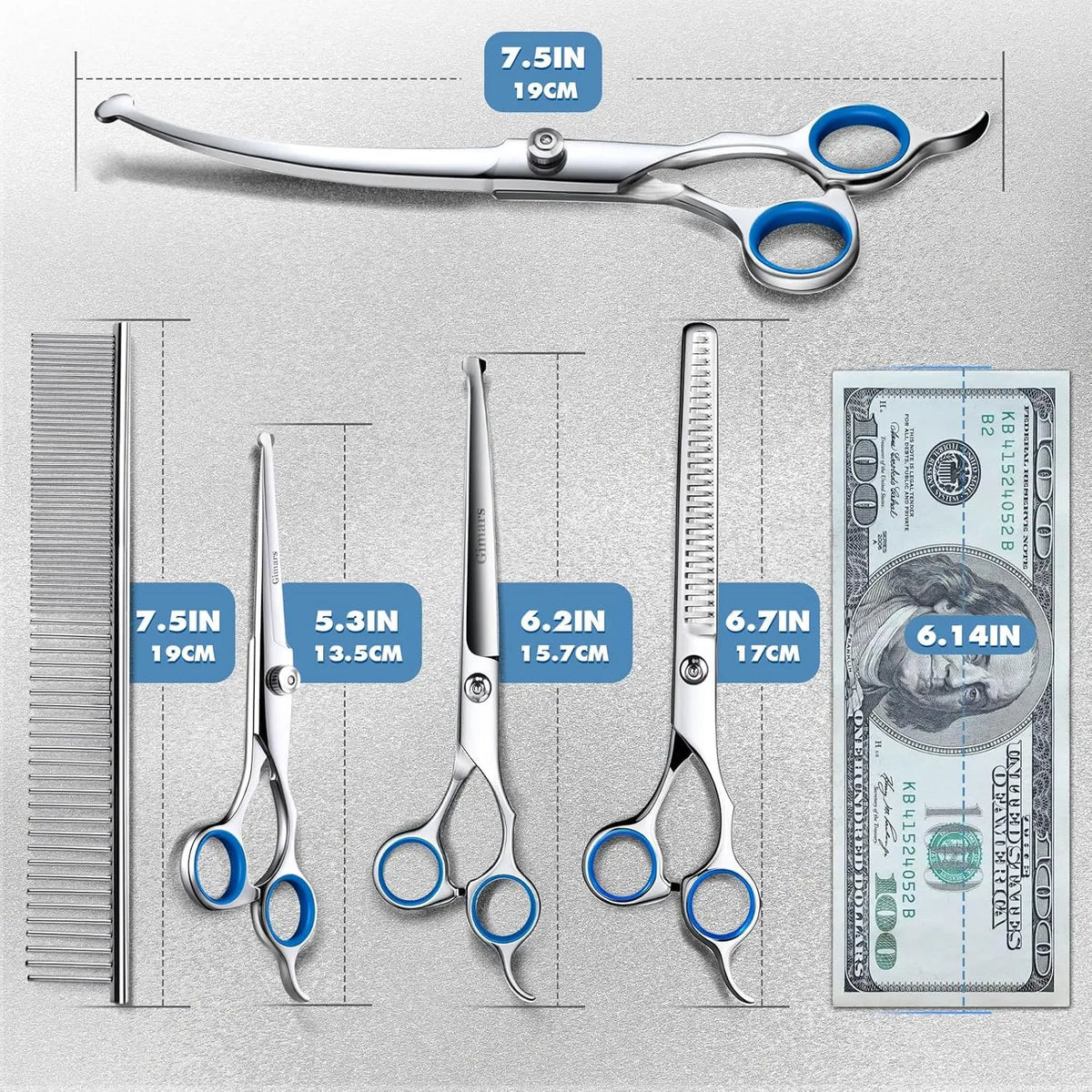 Right-Handed 9-In-1 Professional Dog & Cat Grooming Scissors Kit - Precise Cut, Rounded Tips, Ergonomic Curved/Straight Thinning Shears, Hair & Nail Clipper, File, Steel Comb, Storage Case for Small/Medium Pets, Beginners Home DIY Grooming, Hair Nails