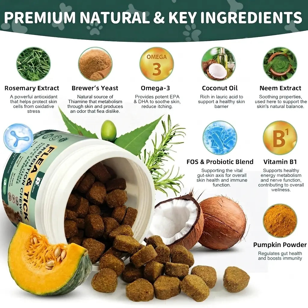 Petrivium Dog Flea & Tick Support Soft Chews - 150Ct Natural Pesticide-Free Vitamin Supplement with Rosemary Repel, Chicken Flavor, Suitable for Puppies & All Breeds/Sizes